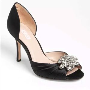 Glint D’Orsay Jeweled Peep toe black satin pumps.